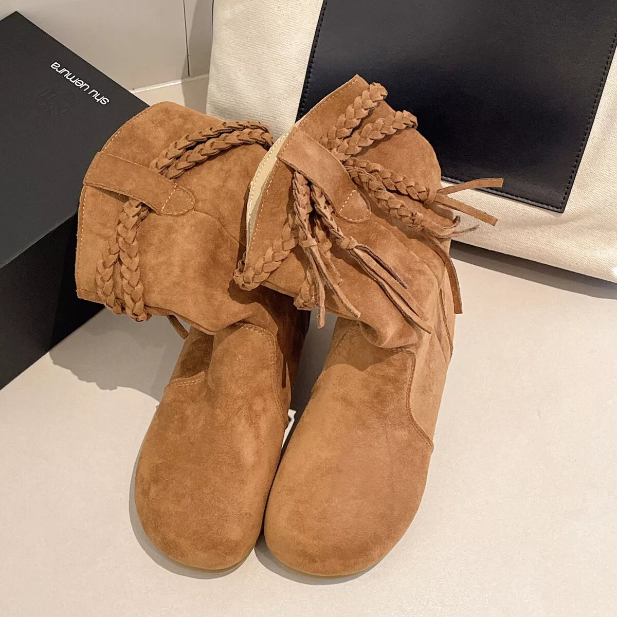 Suede Fringe Round Toe Boots Block Heel