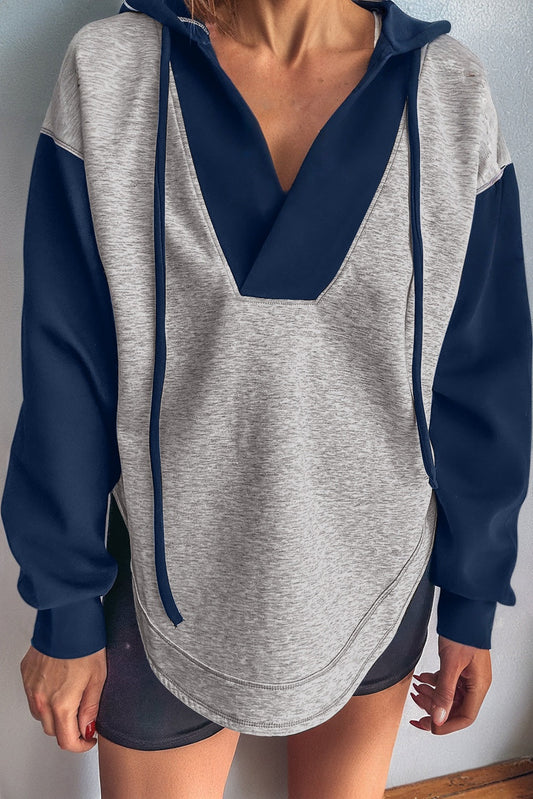 Light Grey Color Block Drawstring V Neck Hoodie