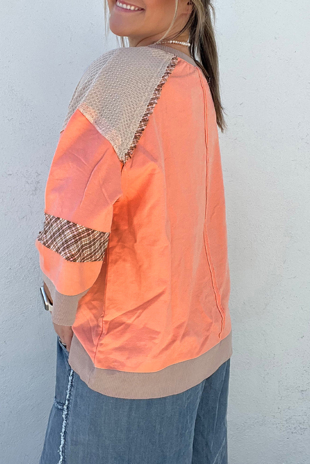 Grapefruit Orange Plaid Waffle Bracelet Sleeve Top