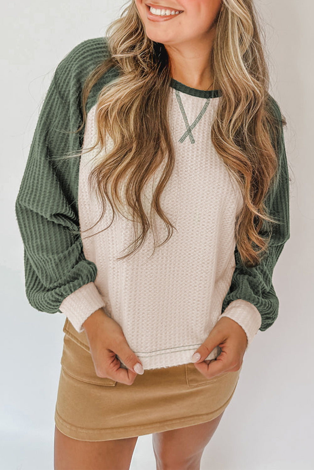Waffle Color Block Raglan Sleeve Top Casual Wear