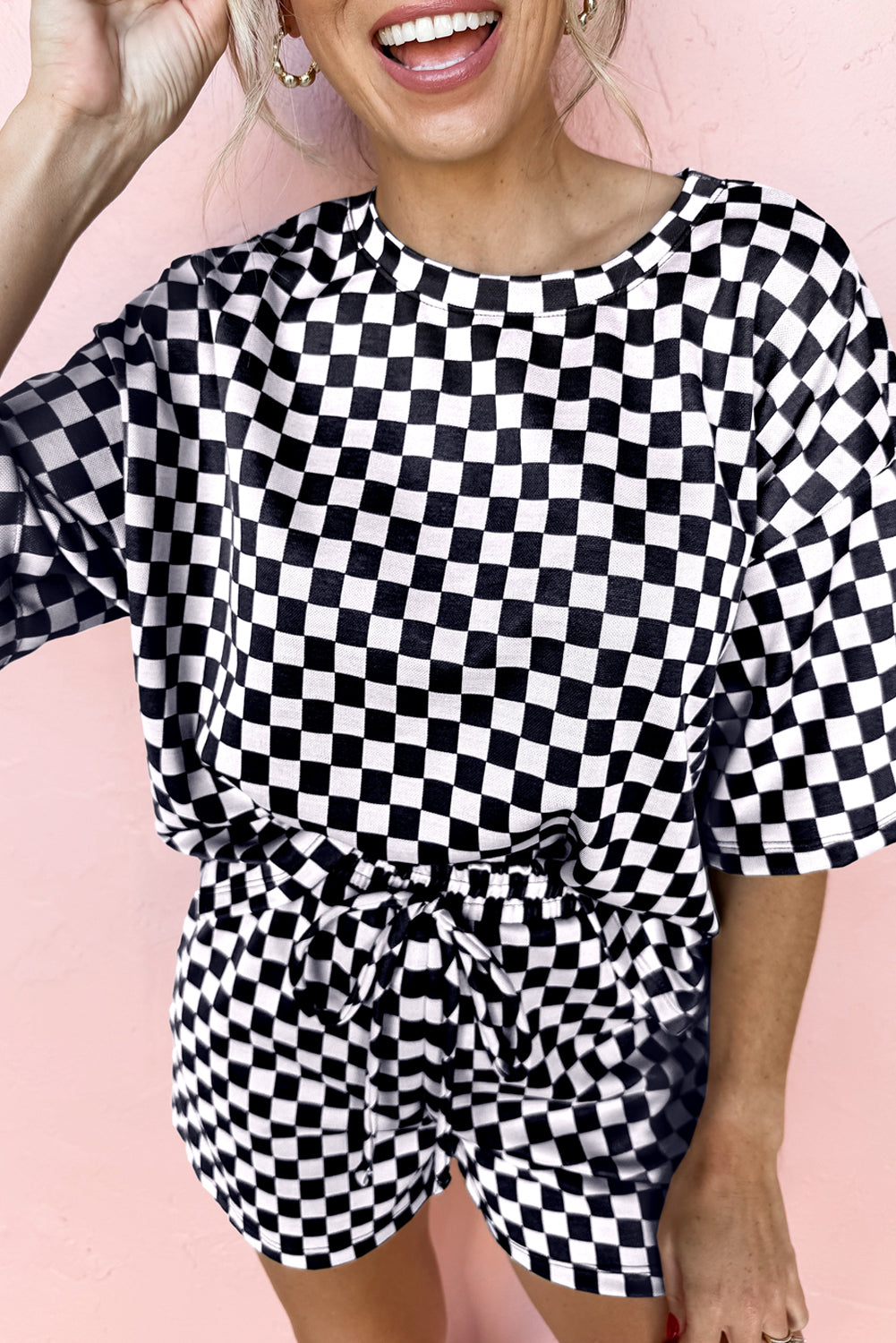Luxury Checkered Top and Drawstring Shorts Pajama Set