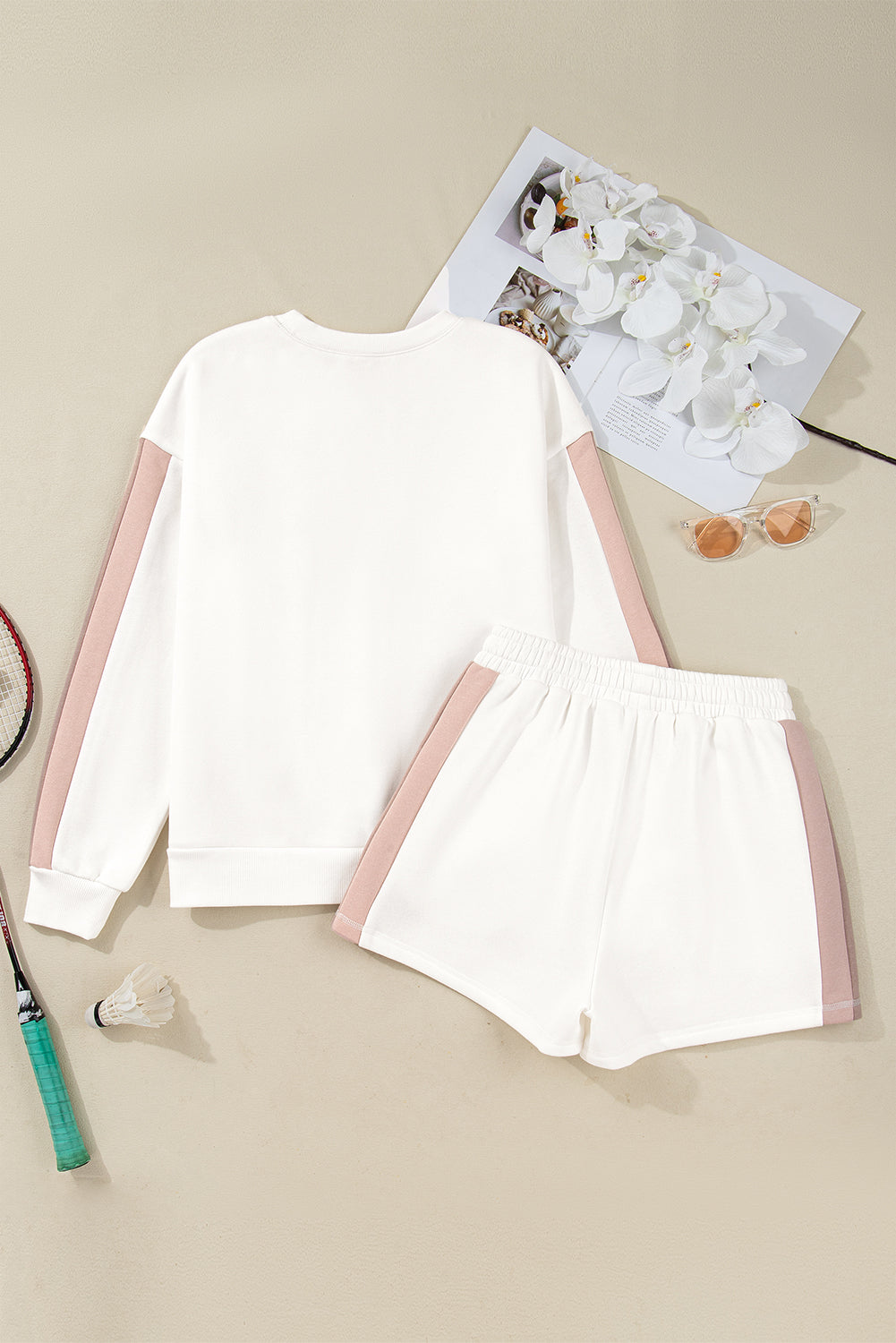 White Color Block Patchwork Drop Shoulder Pullover Casual Shorts Outfit