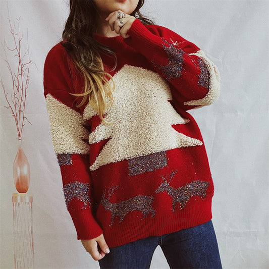Christmas Tree Jacquard Gold Thread Sweater Women Long Sleeve Bejirog