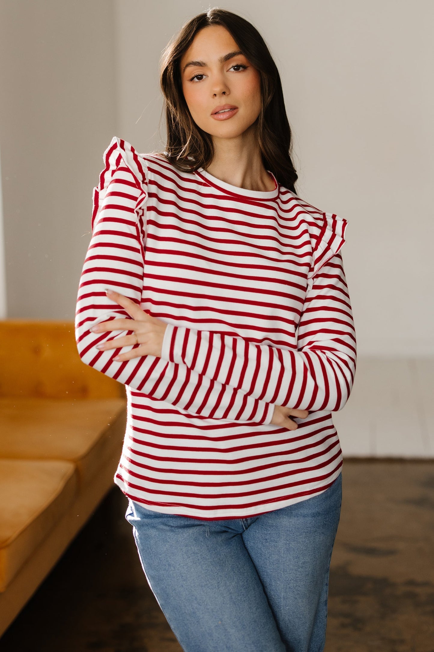 Red Stripe Ruffle Trim Long Sleeve Round Neck Top