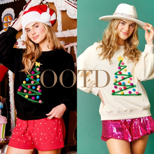 Christmas Tree Design Long Sleeve Sweatshirt Hoodie Women's Festival Pullover 2024