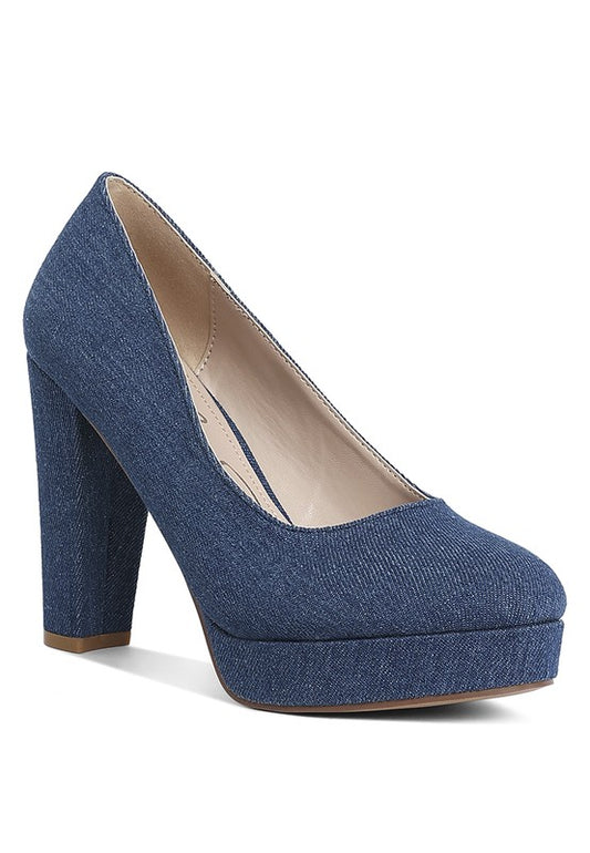 Denim Block Heel Pumps with Cushion Insole Dress Shoe