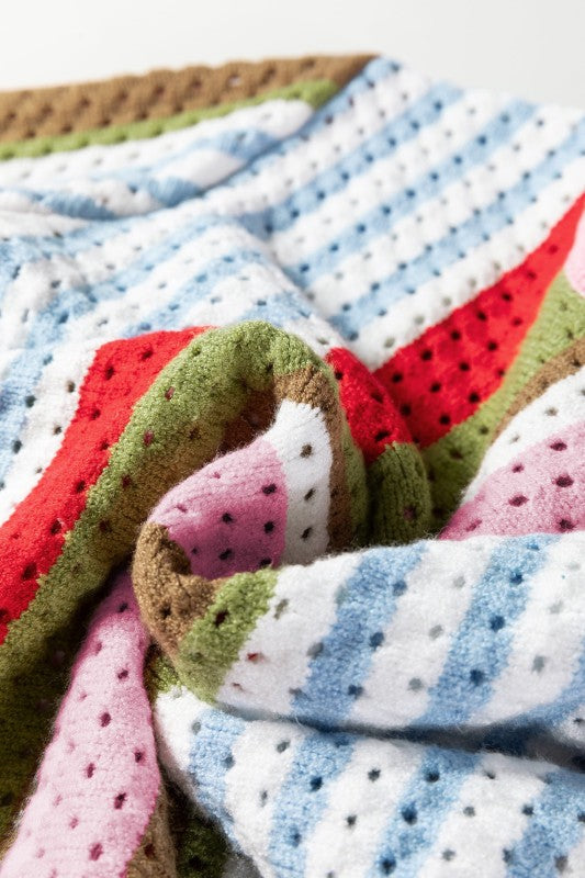 Stripe Pointelle Knit 3/4 Sleeve Sweater Soft Textured Knit Sweater