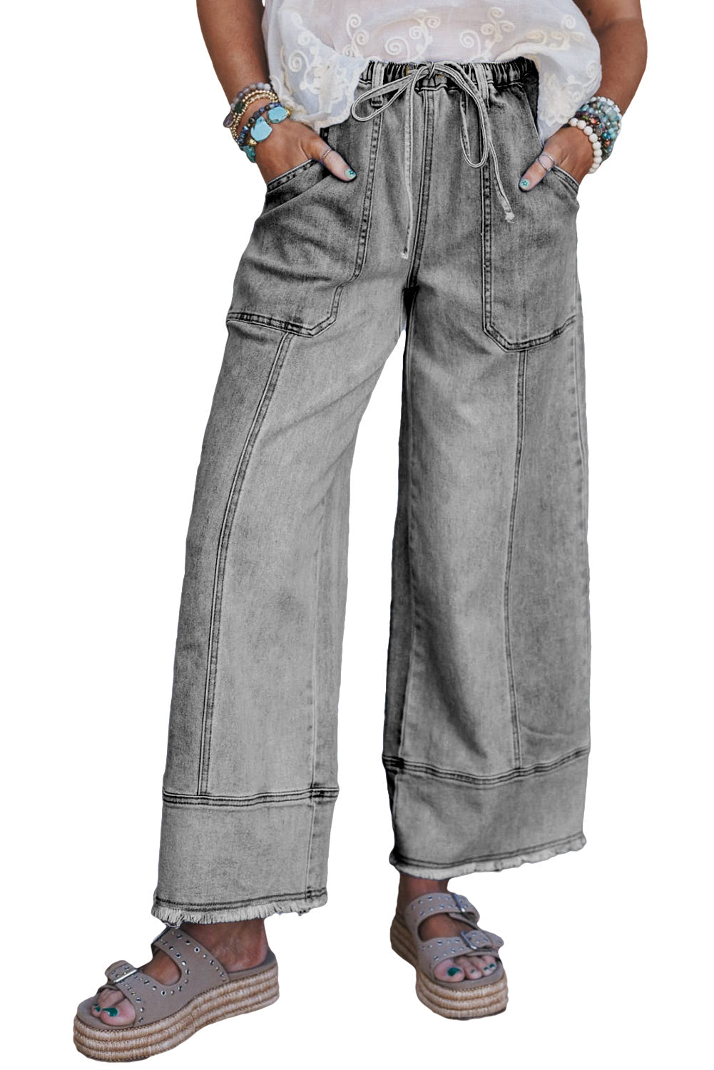 Drawstring Waist Seam Detail Wide Leg Jeans Beau Blue