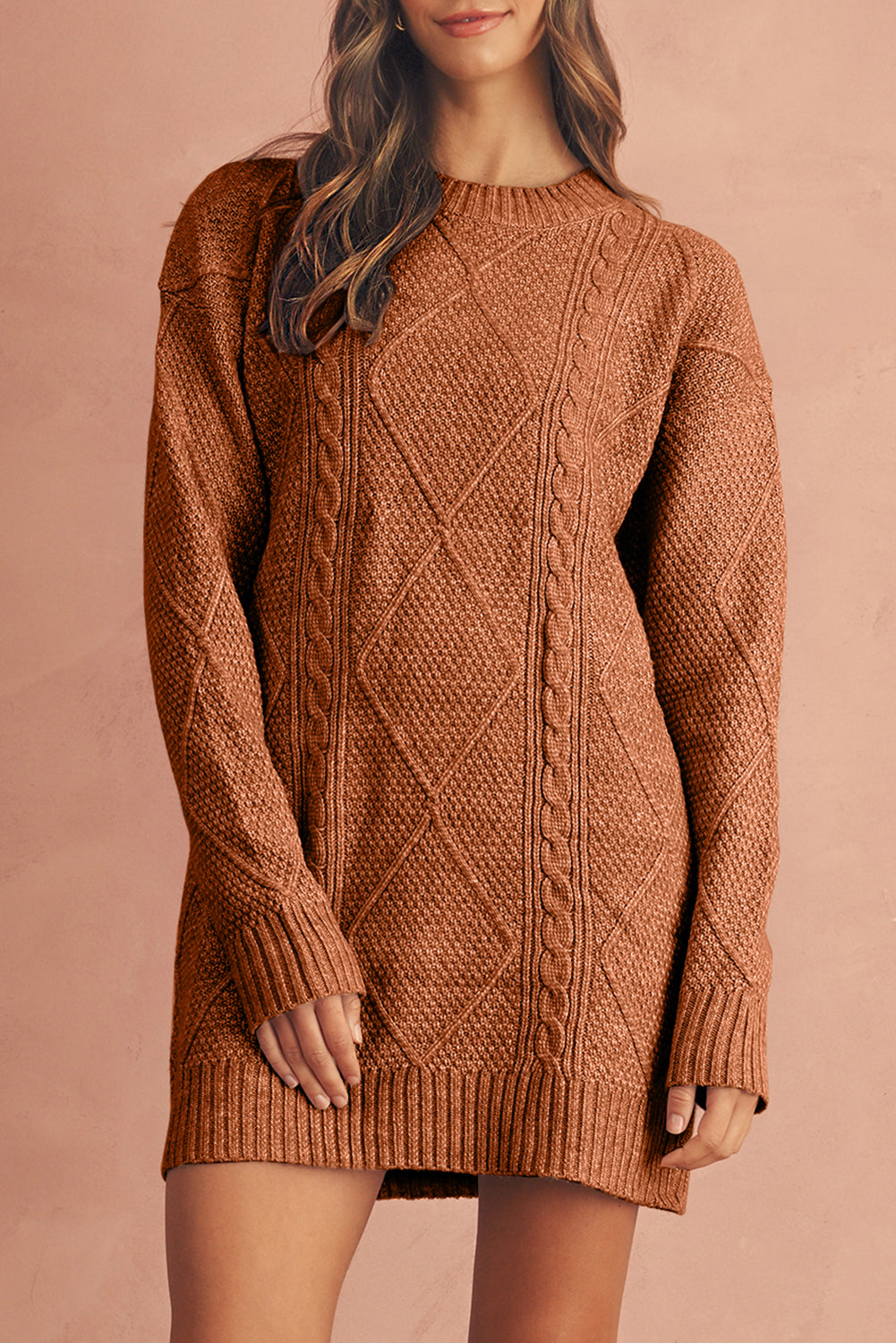 Parchment Twist Cable Knit Loose Fit Sweater Dress