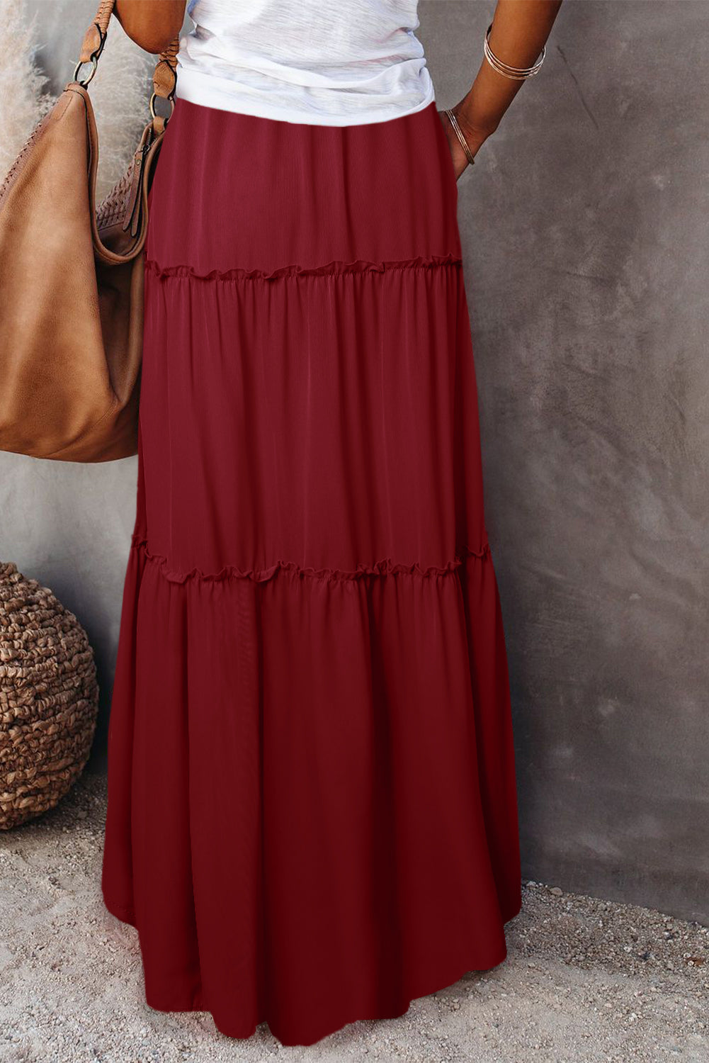 Fiery Red Black Frill Tiered Maxi Skirt Drawstring Waist