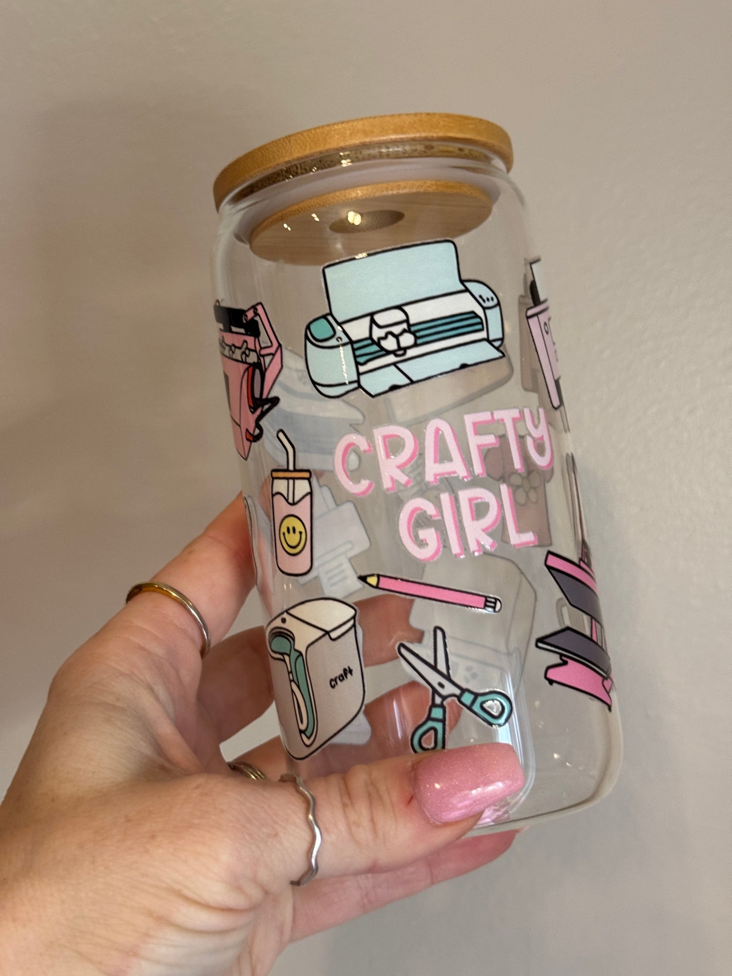 Crafty Girl Glass Cup with Bamboo Lid Drinkware Sawdust and Cedar