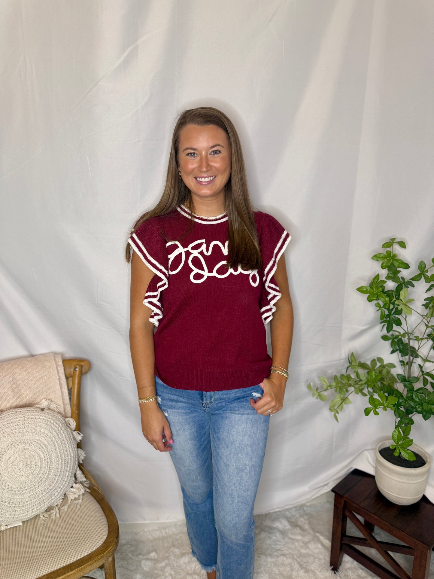 Game Day Ruffle Sleeve Sweater Burgundy Sweet Jude Boutique
