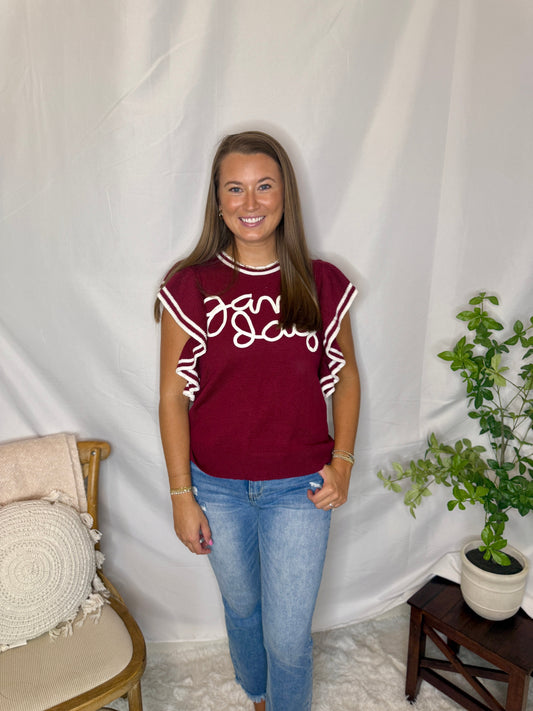 Game Day Ruffle Sleeve Sweater Burgundy Sweet Jude Boutique