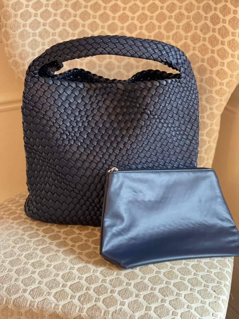 Vegan Leather Large Woven Tote The Willow Navy