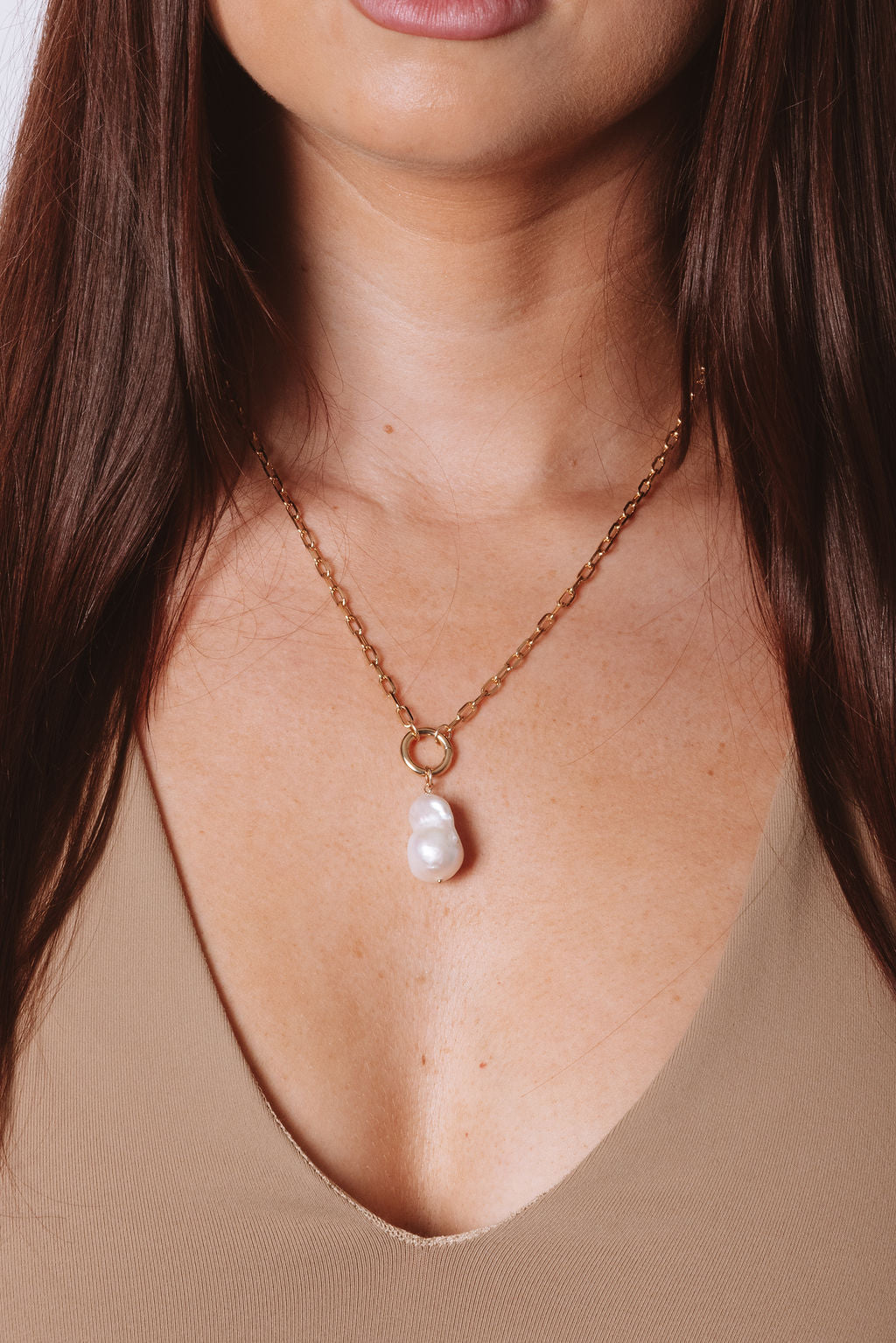 24k Gold Paperclip Chain Necklace with Freshwater Baroque Pearl Pendant James Necklace