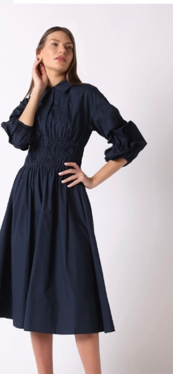Ruched Puff Sleeve Waist A Line Midi Dress Gracia