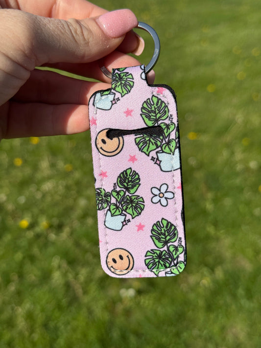 Smiley Monstera Chapstick Keychain Pink Holder