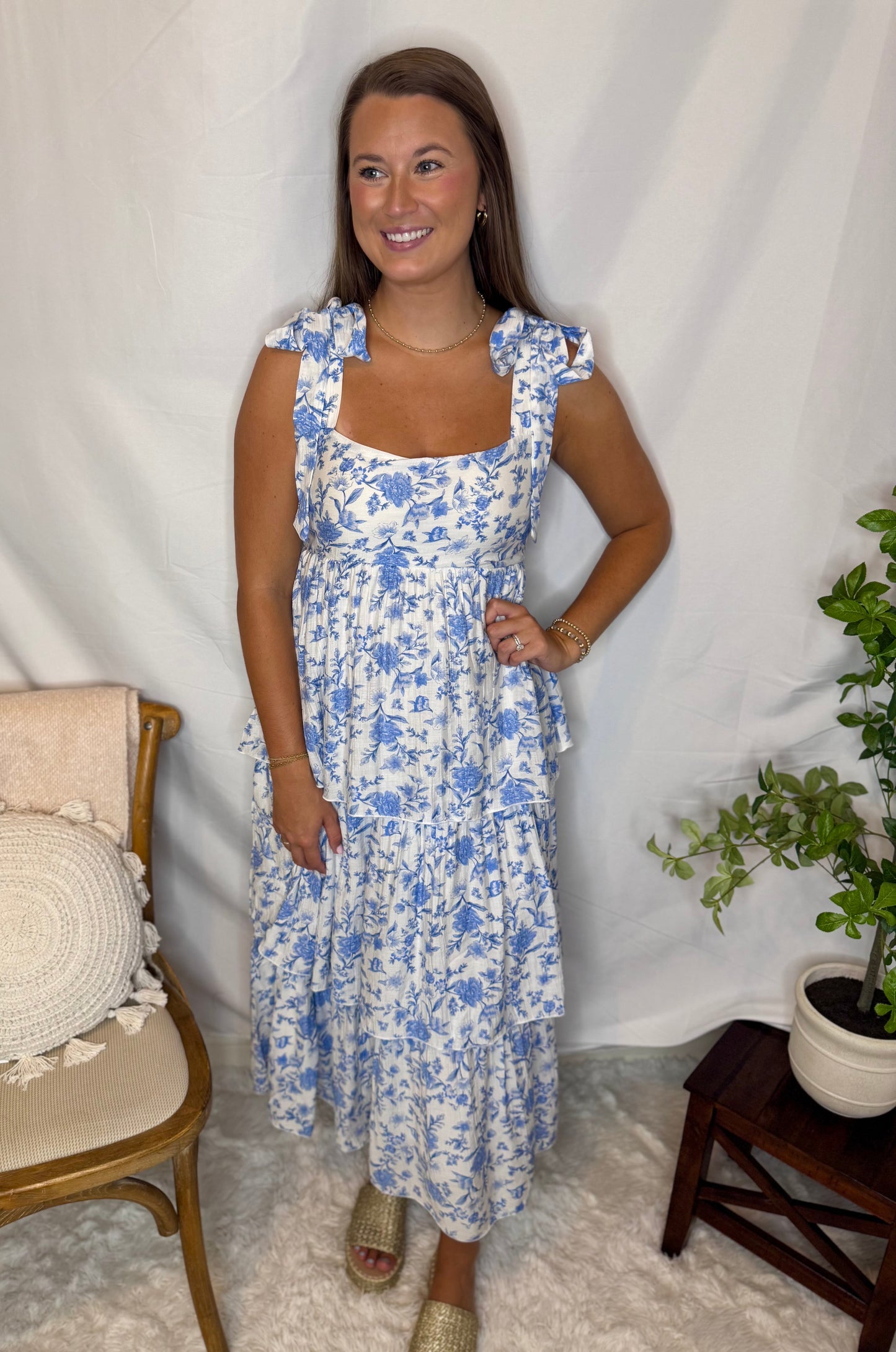 Ruffle Tier Blue Floral Midi Dress with Sleeveless Tie Strap