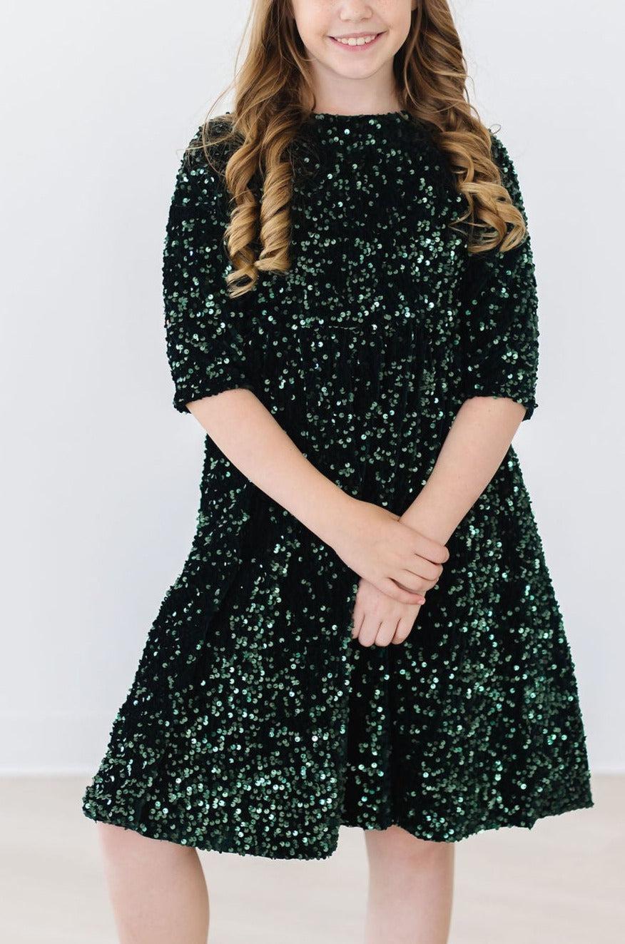Hunter Green Velvet Sequin Dress Fully Lined Mila & Rose