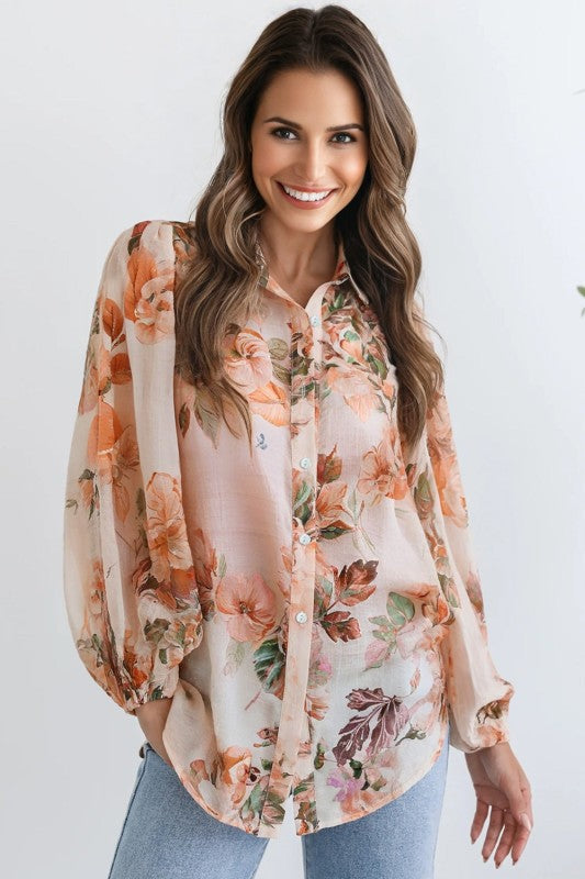 Floral Puff Sleeve Collared Shirt Light and Airy Women's Shirt