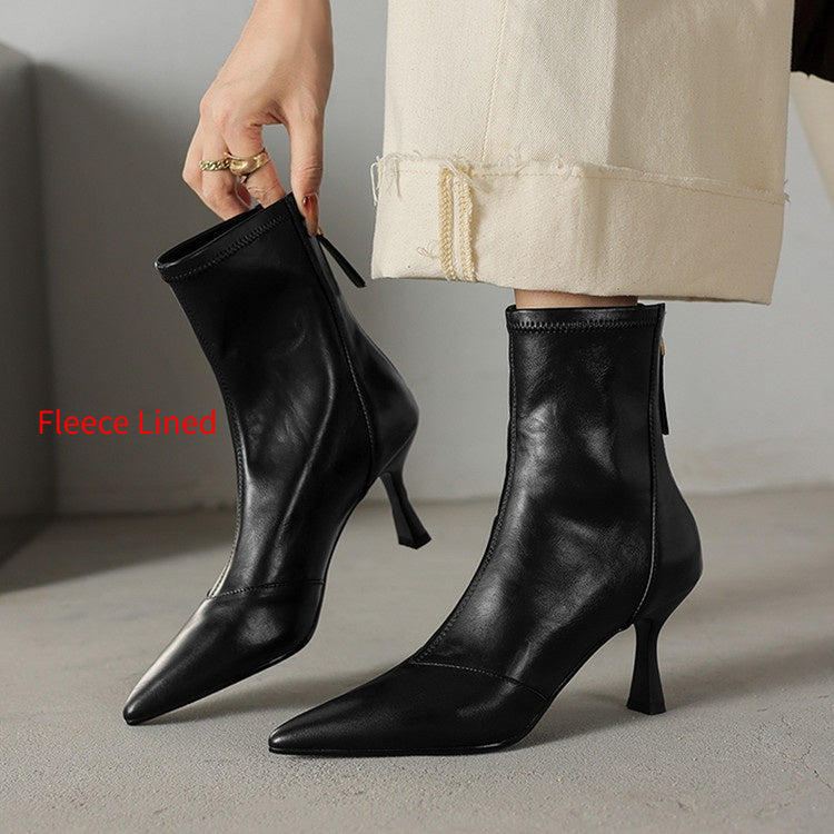 Cowhide Pointed Toe Stiletto Ankle Boots Women’s Back Zipper High Heel Booties
