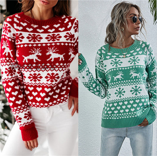 Elk Pattern Knitted Round Neck Women's Pullover Sweater