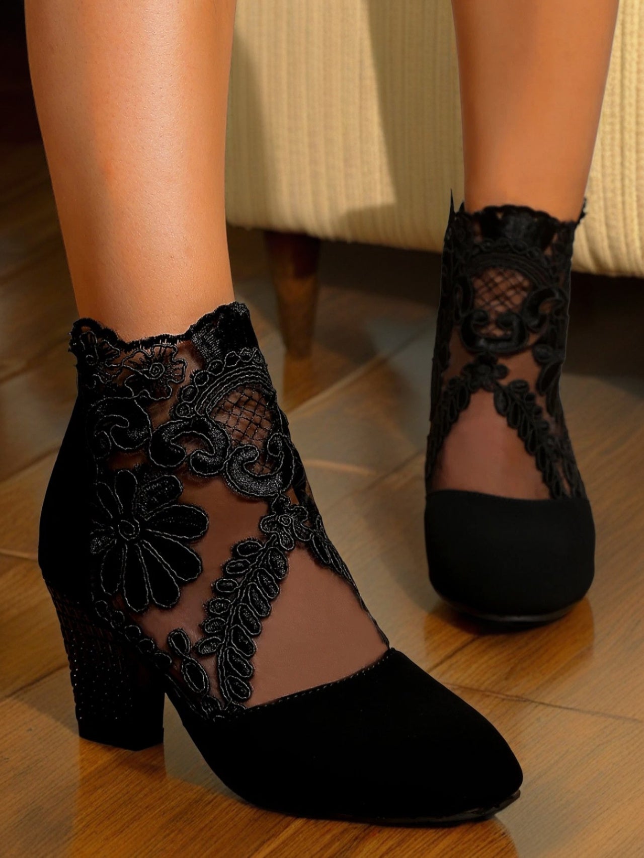 Lace-Embroidered Mesh Chunky-Heel Ankle Boots Women’s Stepique
