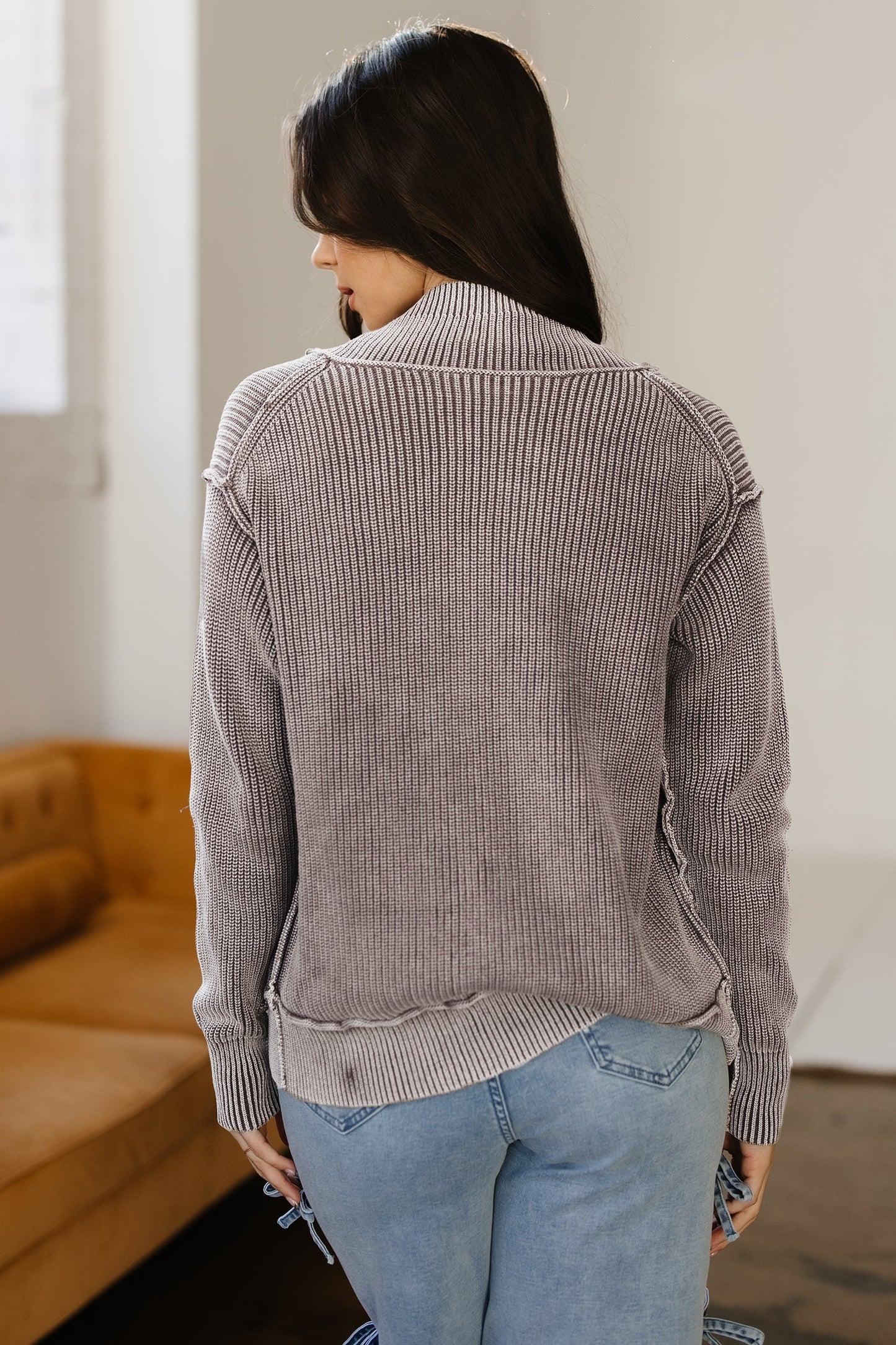 Chestnut Mineral Wash Knit Open Sweater Cardigan