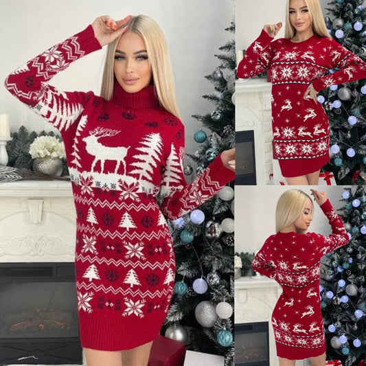 Elk Christmas Tree Jacquard Long Sleeve Dress Sweater for Women