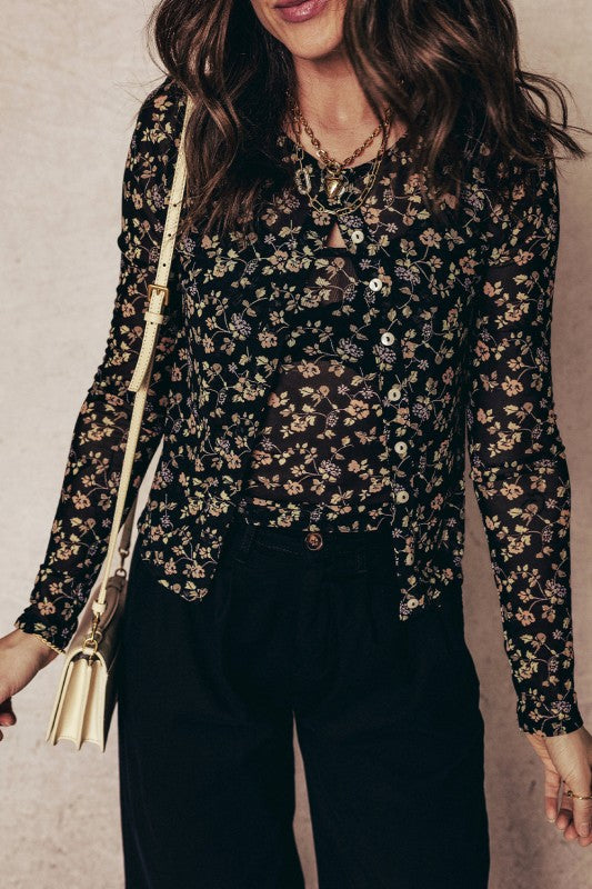 Floral Mesh Tank and Button-Front Cardigan Set Lightweight Two-Piece Set