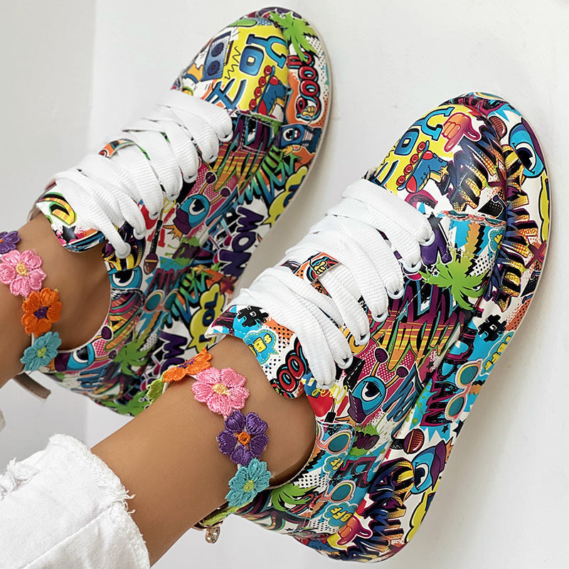 Round-Toe Thick-Sole Lace-Up Sneakers Women’s Casual Print Shoes