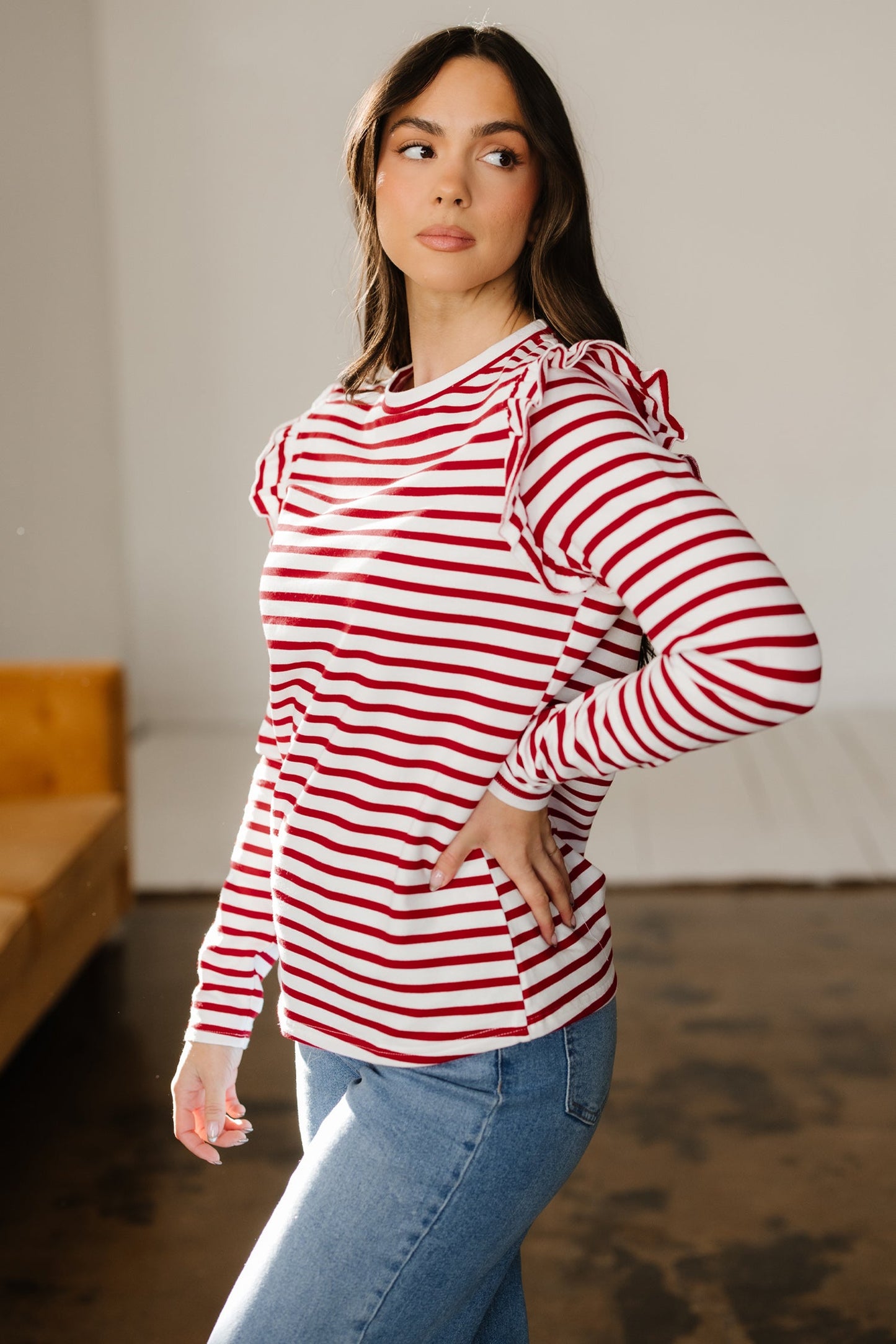 Red Stripe Ruffle Trim Long Sleeve Round Neck Top