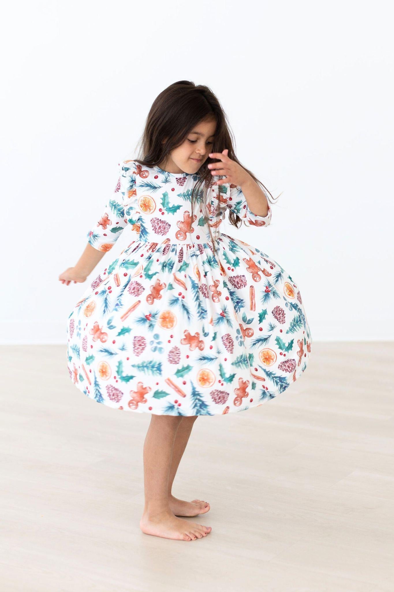 Classic Christmas 3/4 Sleeve Ruffle Twirl Dress Mila & Rose