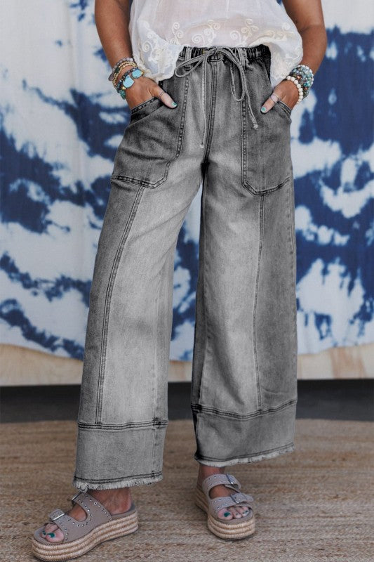 Denim Raw Hem Drawstring Wide Leg Pants