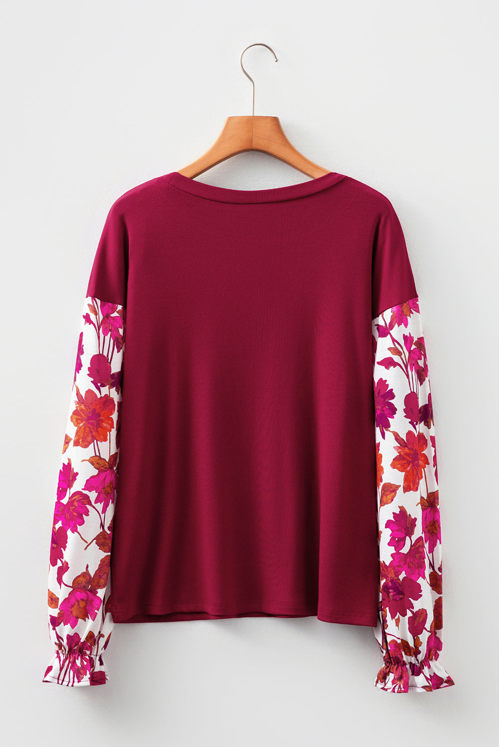 Wild Ginger Contrast Floral Sleeve Ribbed Body Patchwork Long Sleeve Top