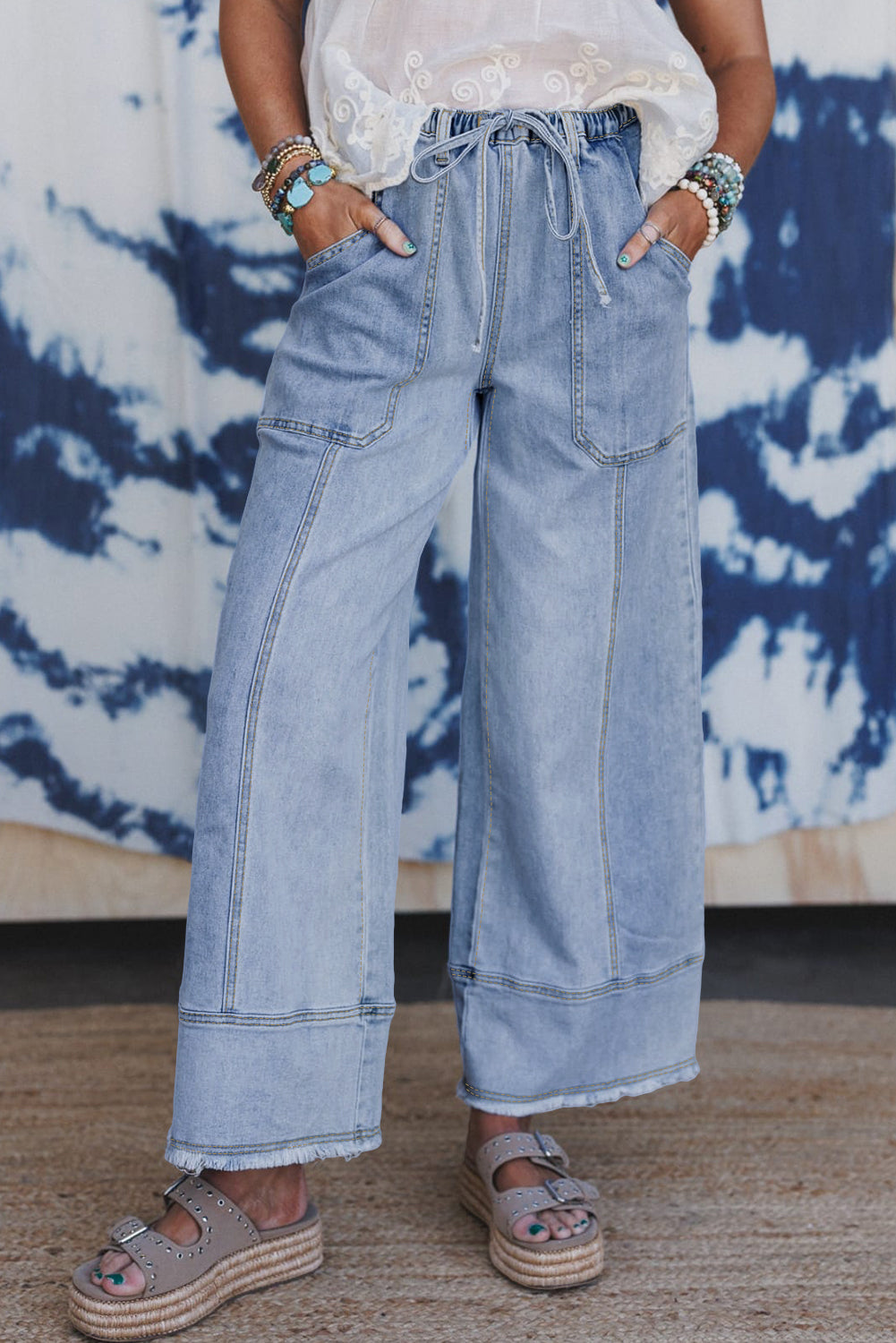 Drawstring Waist Seam Detail Wide Leg Jeans Beau Blue