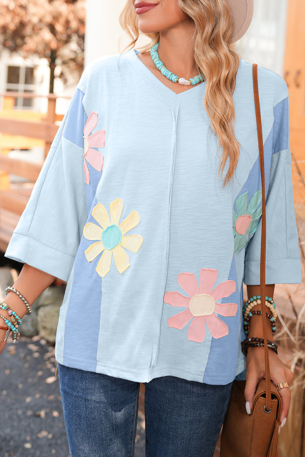 Green Flower Patched Exposed Seam 3/4 Sleeve Top