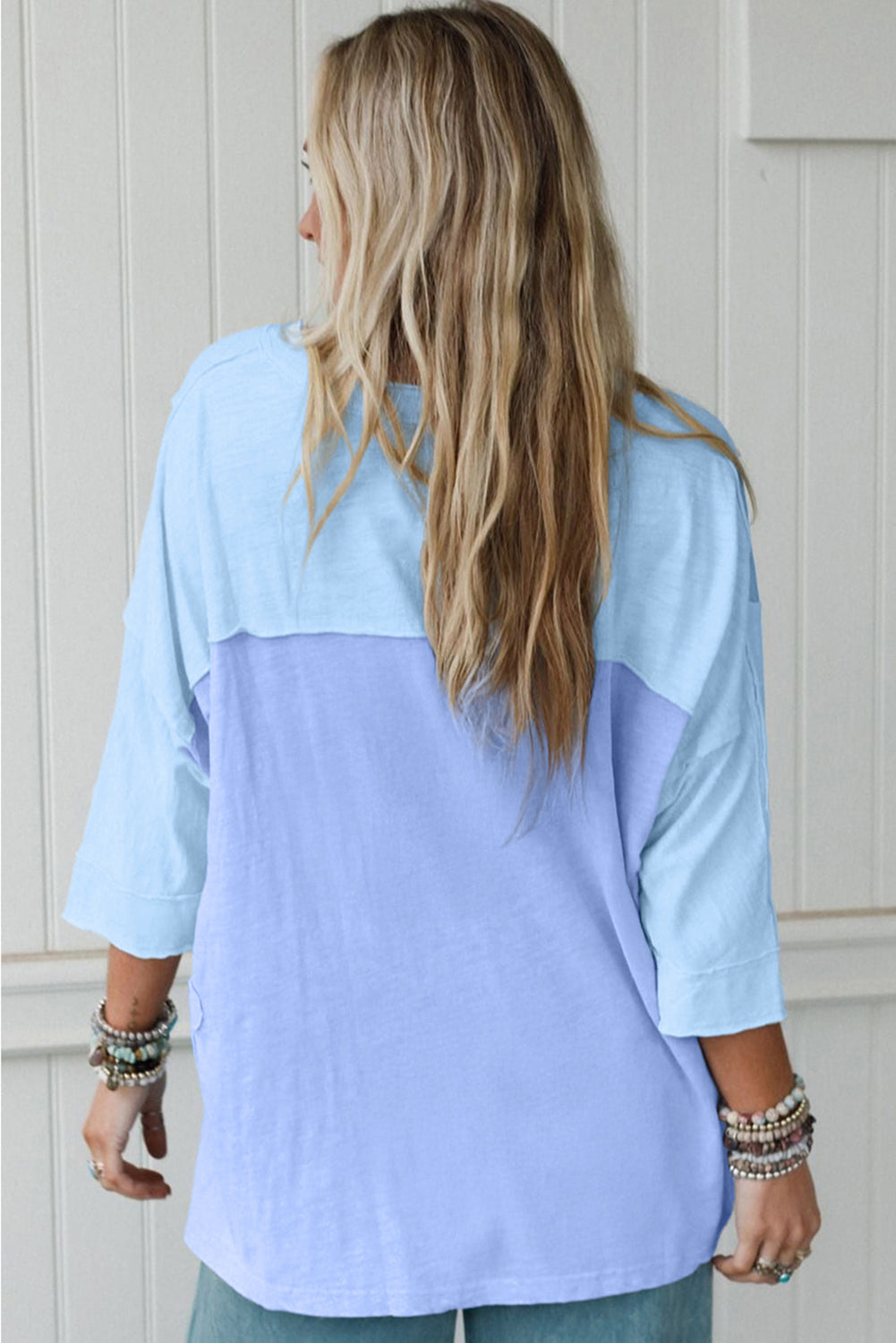 Green Flower Patched Exposed Seam 3/4 Sleeve Top