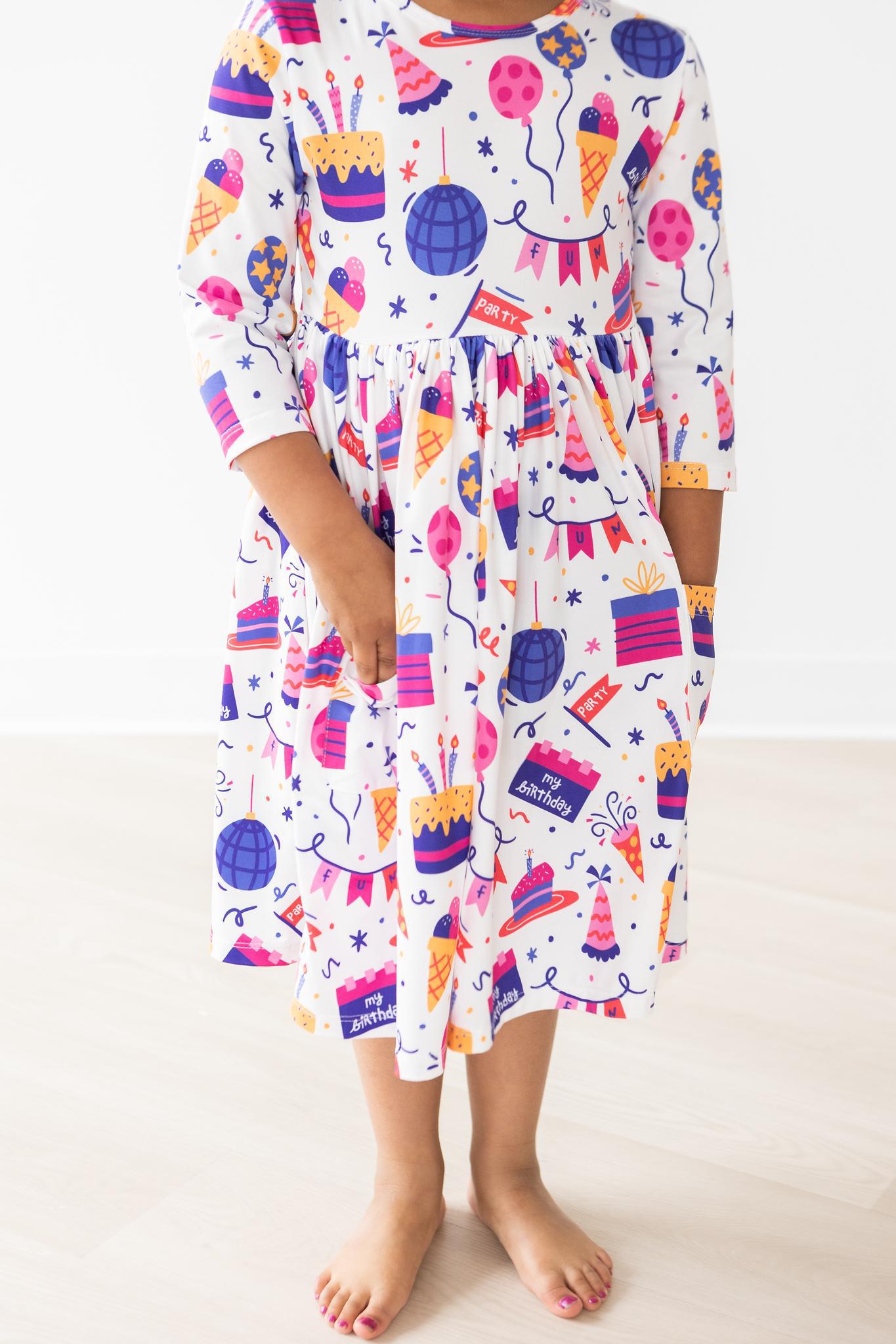 Twirl Pocket 3/4 Sleeve Dress Happy Birthday