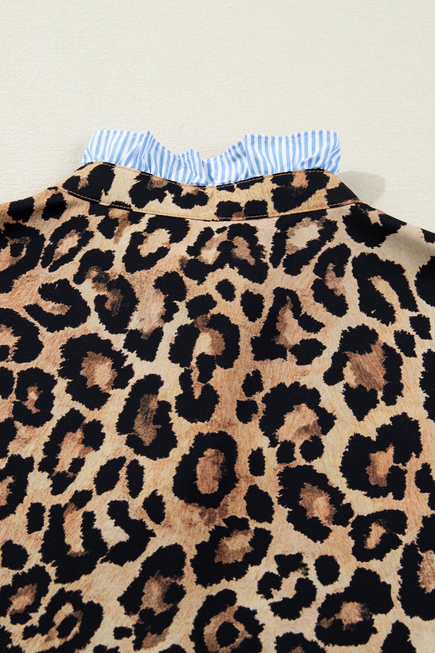 Brown Wild Leopard Print Contrast Striped Frilled Trim Shirt