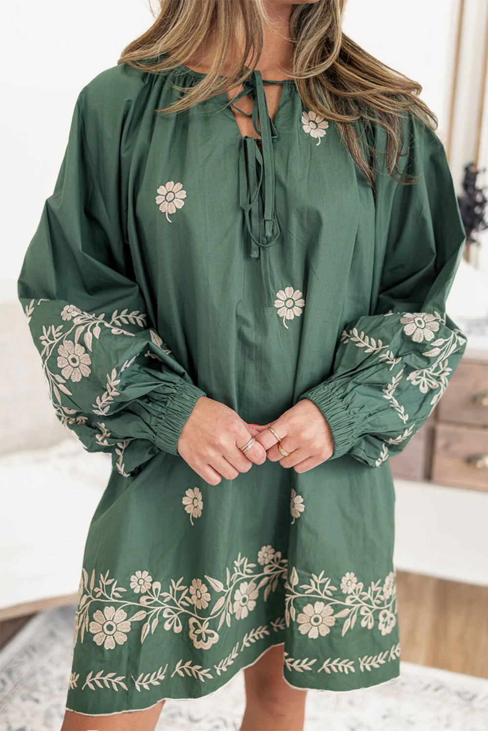 Mist Green Tie Neck Puff Sleeve Shift Dress Boho Floral Pattern