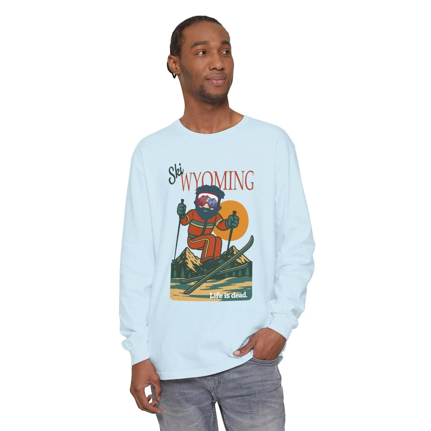 Garment-Dyed Long Sleeve T-Shirt Soft Mountain Collection Ski Wyoming