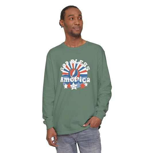 Garment-Dyed Long Sleeve T-Shirt 100% Cotton God Bless America Vineyard Collection