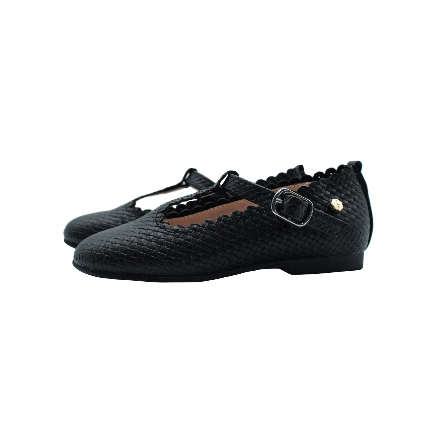 Black Weaved Leather T Strap Girls Dress Shoe Fintoes