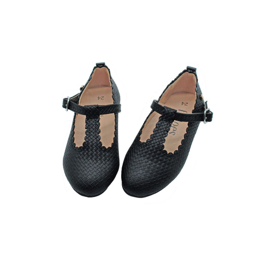 Black Weaved Leather T Strap Girls Dress Shoe Fintoes