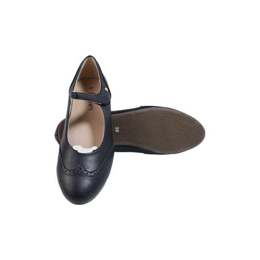 Black Leather Mary Jane Wing Tip Girls Dress Shoe