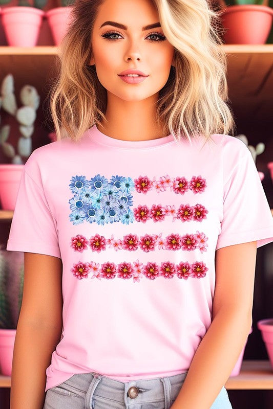 Flower USA Flag Graphic Unisex Crew Neck T Shirts