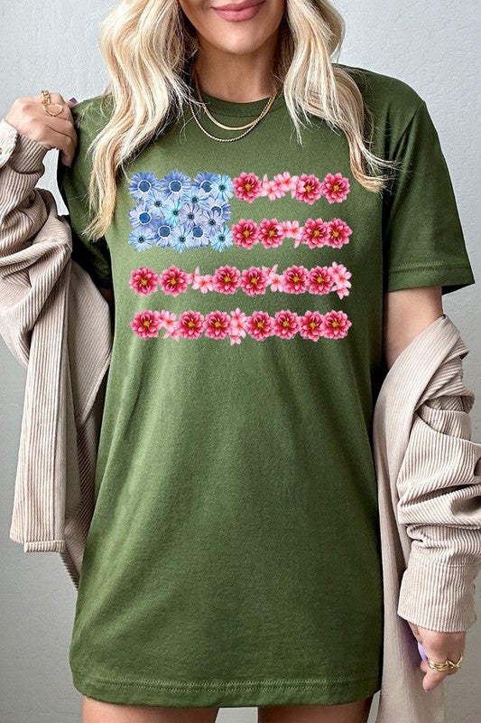 Flower USA Flag Graphic Unisex Crew Neck T Shirts