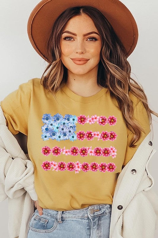 Flower USA Flag Graphic Unisex Crew Neck T Shirts