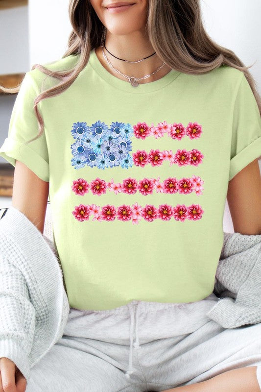 Flower USA Flag Graphic Unisex Crew Neck T Shirts